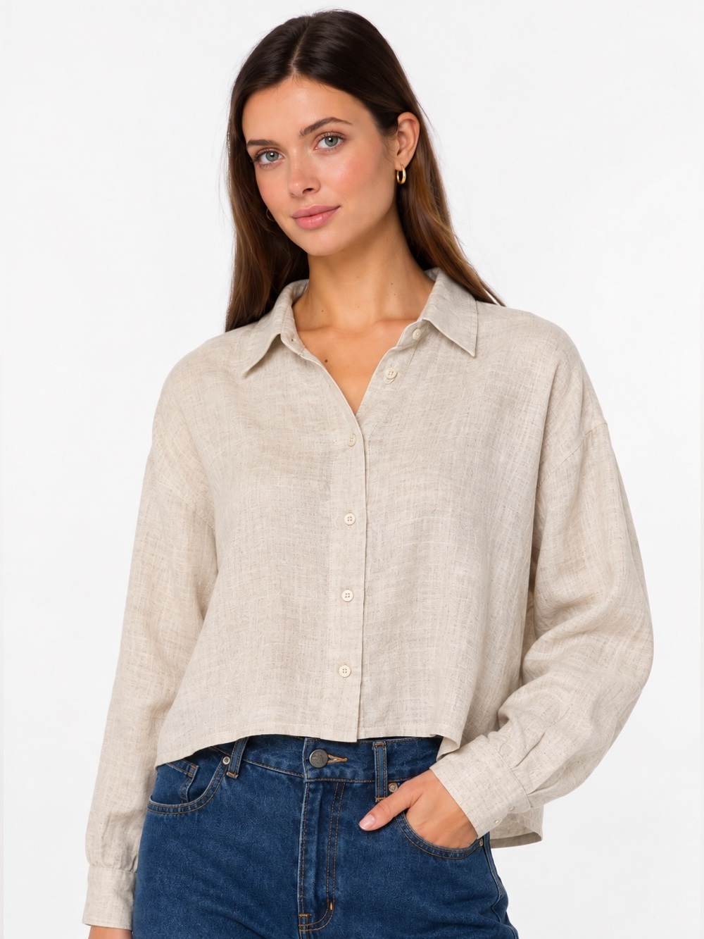 Quiet Luxury Cropped Linen Shirt Coastal Minimalist Relaxed Button Down Relaxed